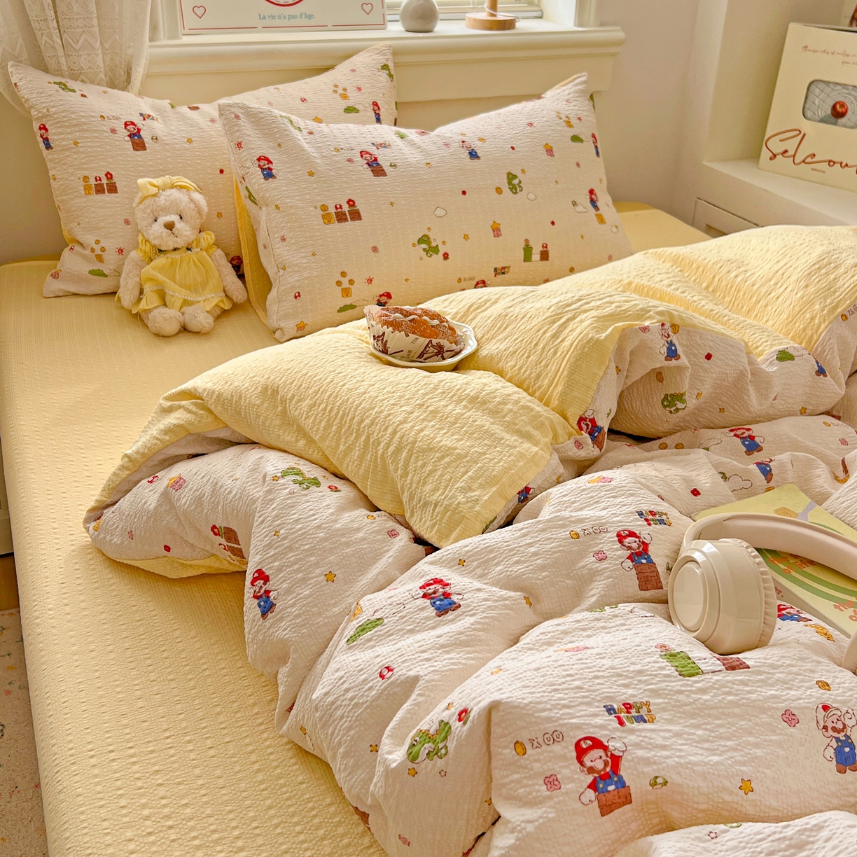 91家纺网 家纺一手货源 找家纺 暖伊家居 2026新款糖果小布袋泡芙纱四件套 马里奥