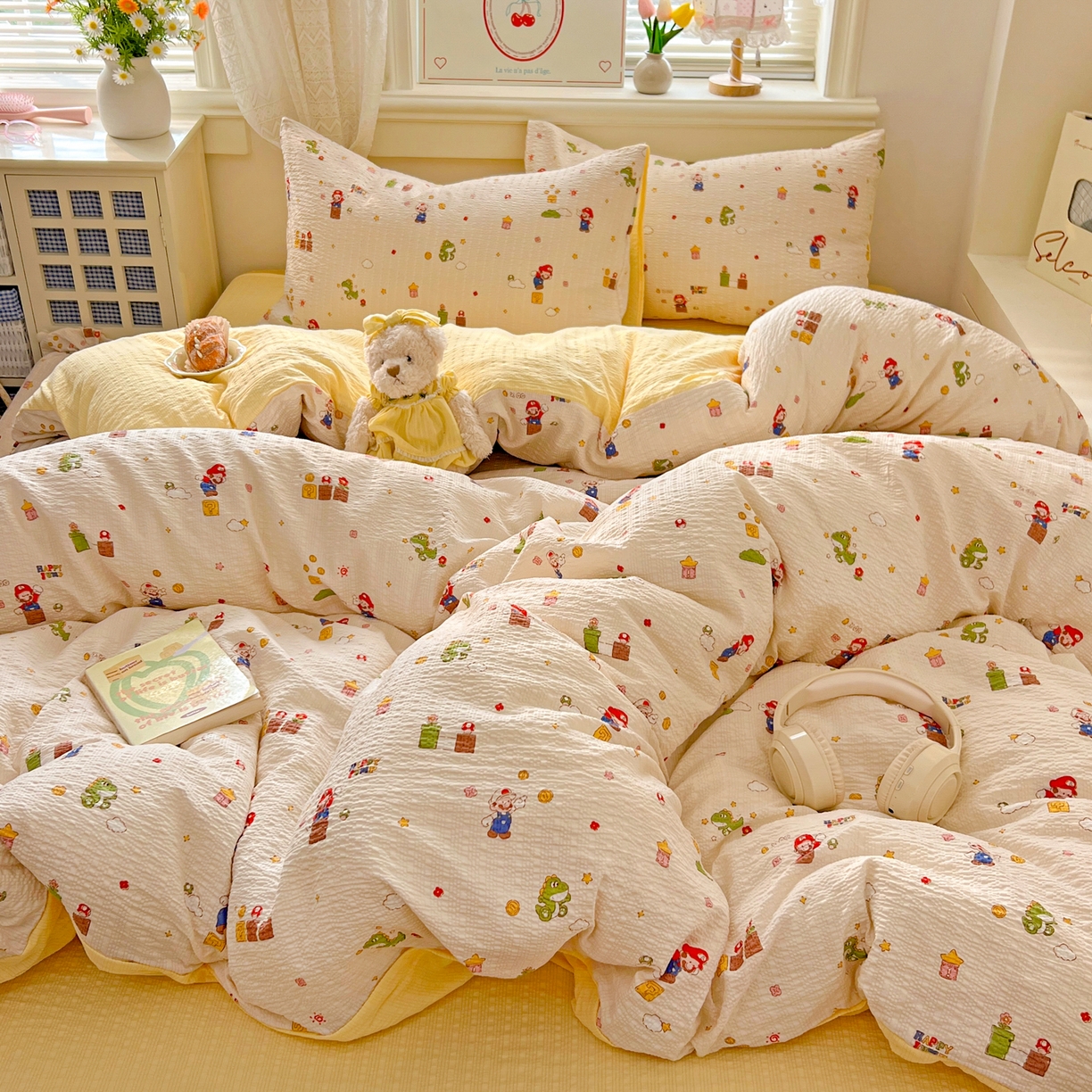 91家纺网 家纺一手货源 找家纺 暖伊家居 2026新款糖果小布袋泡芙纱四件套 马里奥