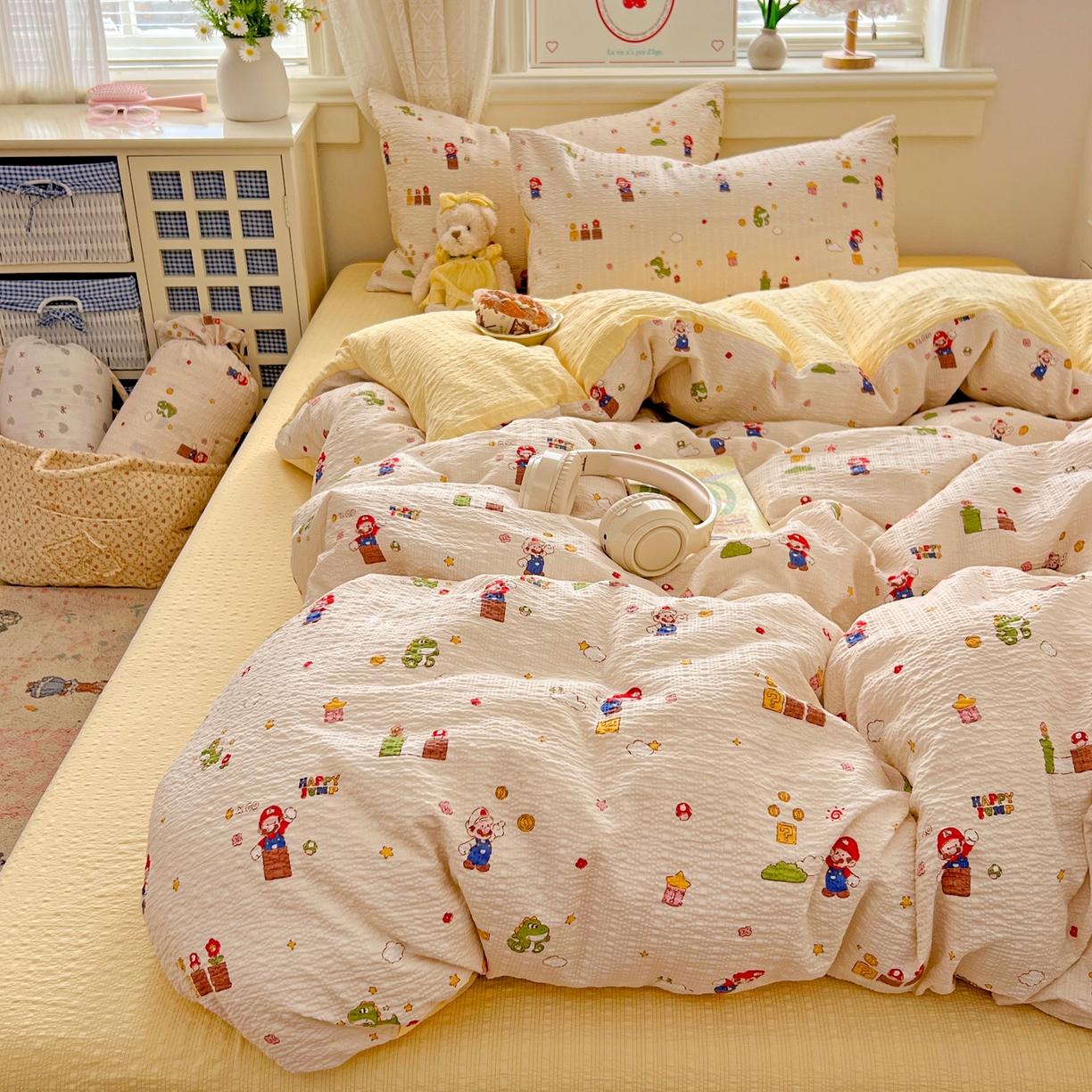 91家纺网 家纺一手货源 找家纺 暖伊家居 2026新款糖果小布袋泡芙纱四件套 马里奥