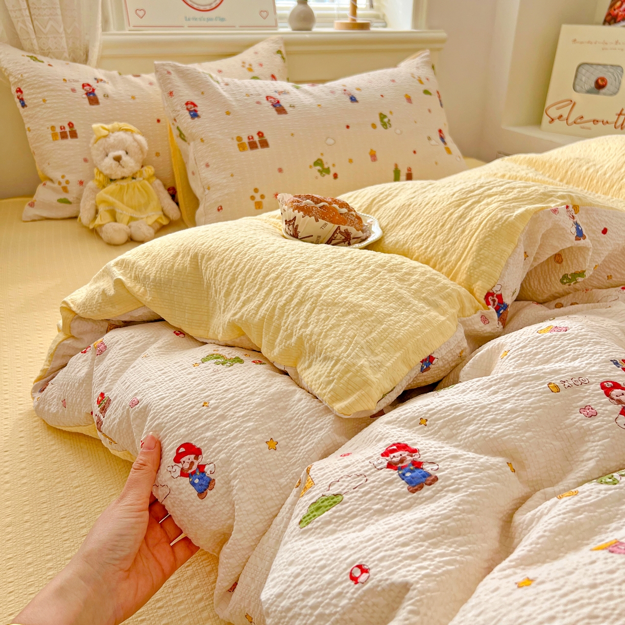 91家纺网 家纺一手货源 找家纺 暖伊家居 2026新款糖果小布袋泡芙纱四件套 马里奥