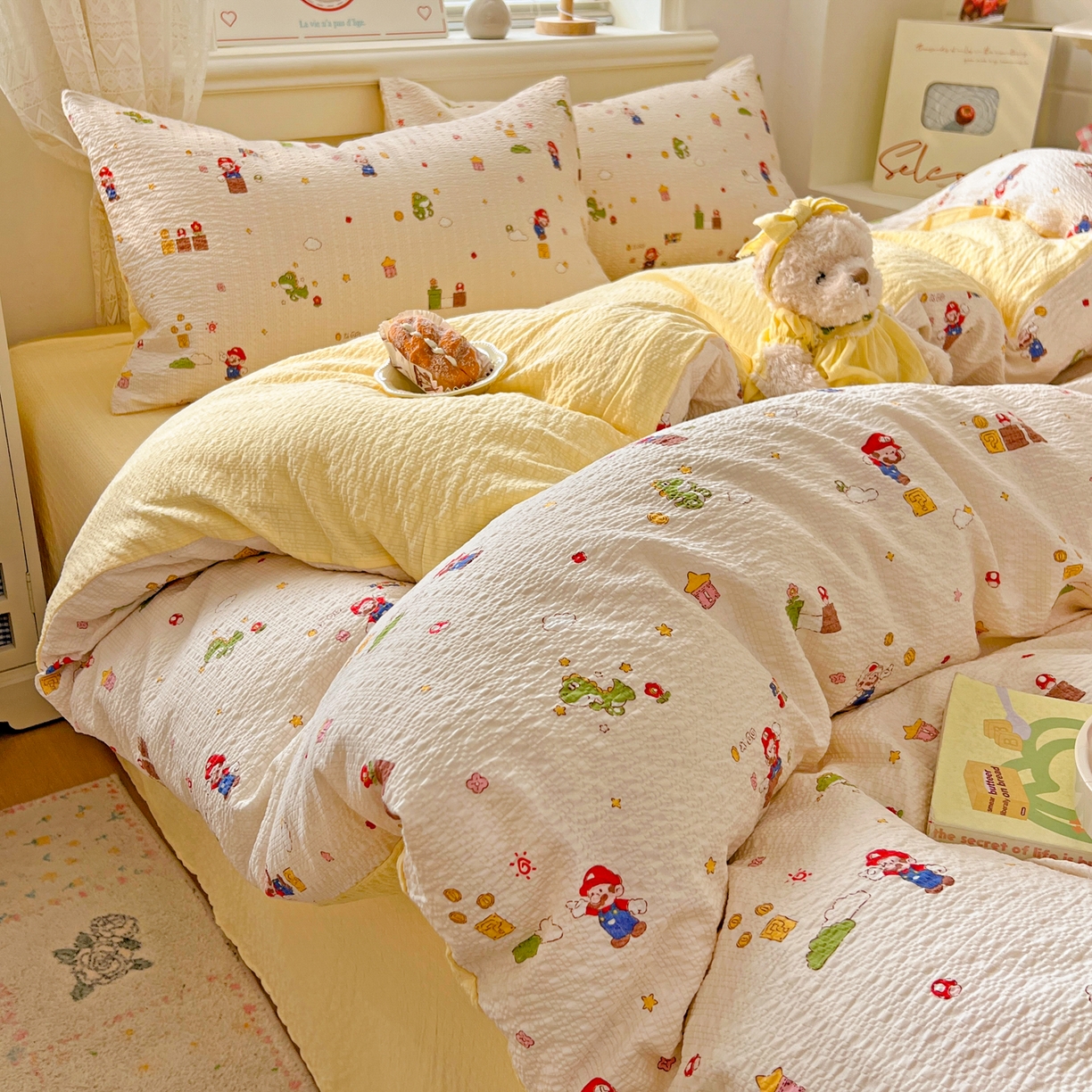 91家纺网 家纺一手货源 找家纺 暖伊家居 2026新款糖果小布袋泡芙纱四件套 马里奥