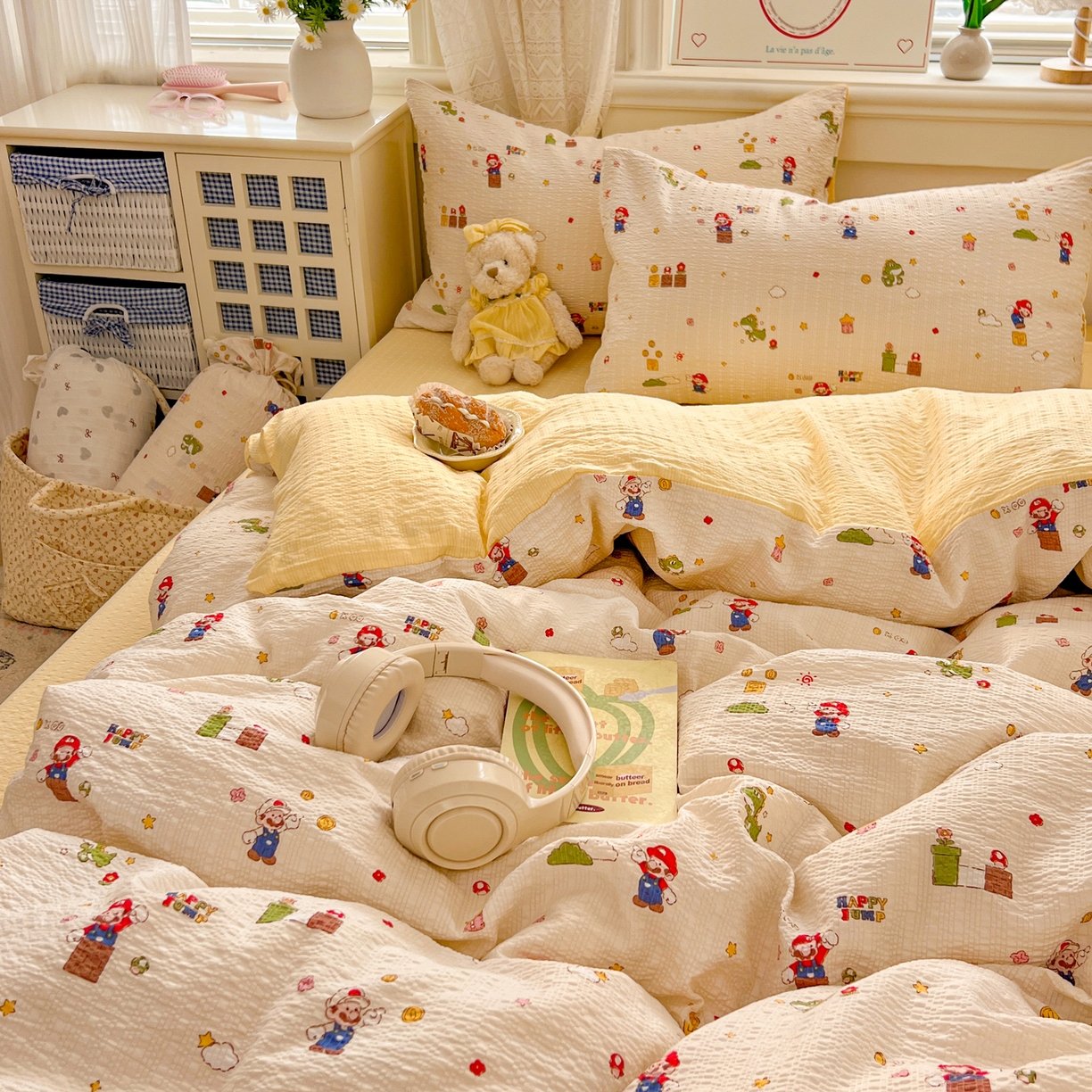 91家纺网 家纺一手货源 找家纺 暖伊家居 2026新款糖果小布袋泡芙纱四件套 马里奥