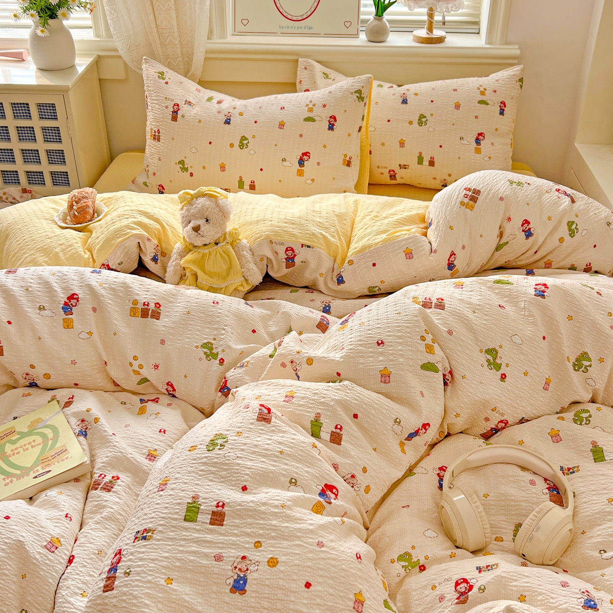 91家纺网 家纺一手货源 找家纺 暖伊家居 2026新款糖果小布袋泡芙纱四件套 马里奥