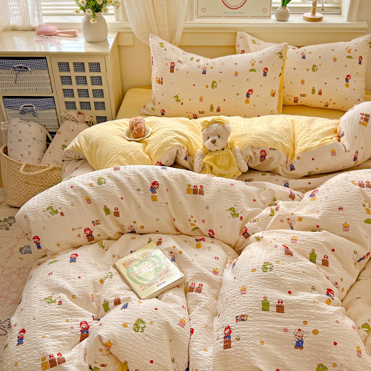 91家纺网 家纺一手货源 找家纺 暖伊家居 2026新款糖果小布袋泡芙纱四件套 马里奥