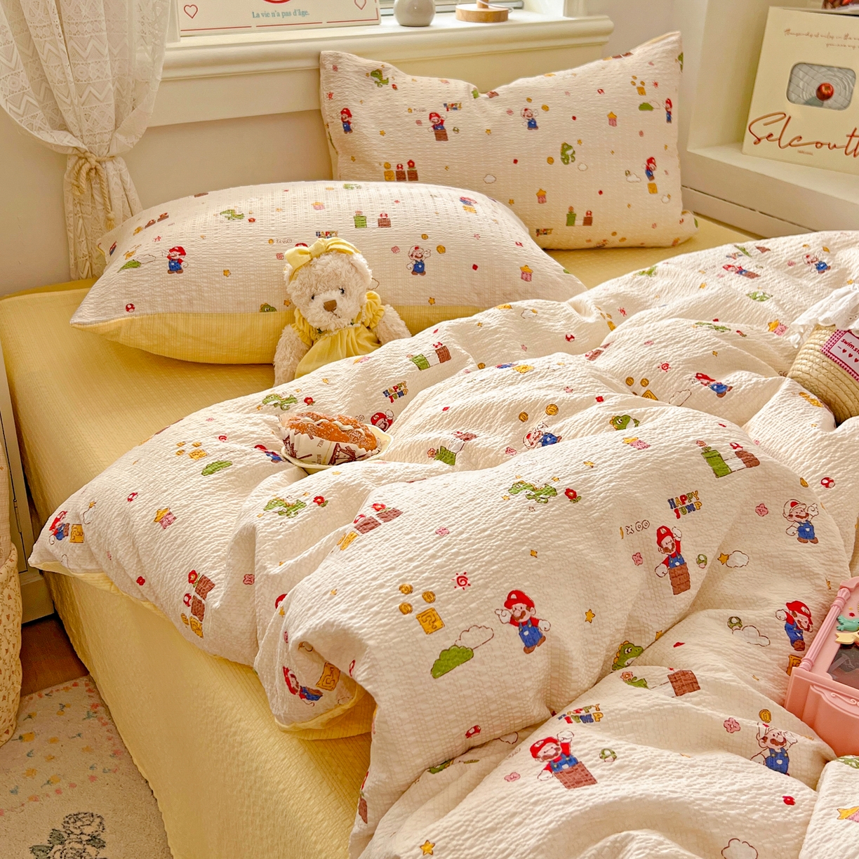 91家纺网 家纺一手货源 找家纺 暖伊家居 2026新款糖果小布袋泡芙纱四件套 马里奥