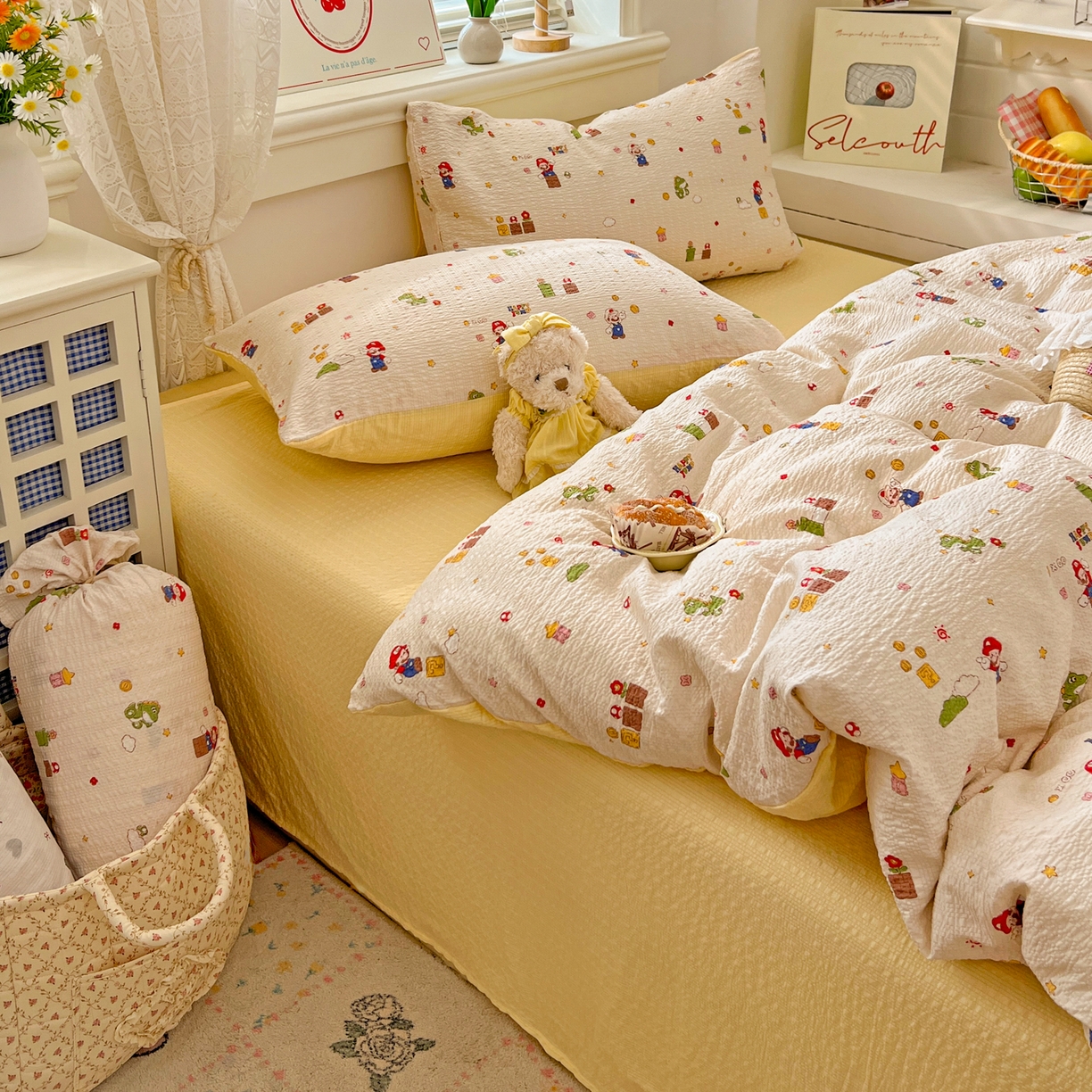 91家纺网 家纺一手货源 找家纺 暖伊家居 2026新款糖果小布袋泡芙纱四件套 马里奥