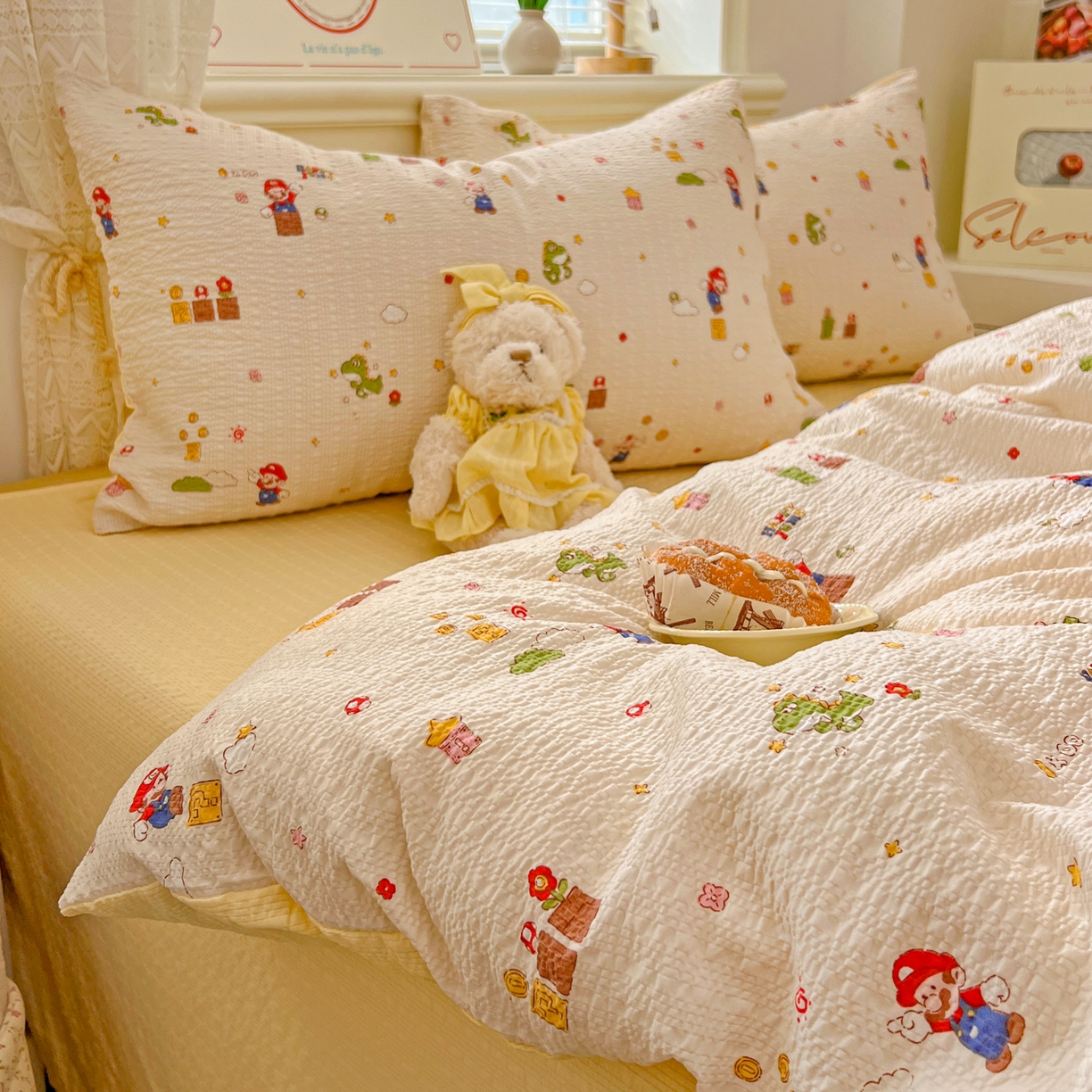 91家纺网 家纺一手货源 找家纺 暖伊家居 2026新款糖果小布袋泡芙纱四件套 马里奥