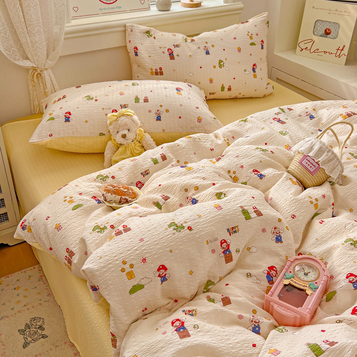 91家纺网 家纺一手货源 找家纺 暖伊家居 2026新款糖果小布袋泡芙纱四件套 马里奥