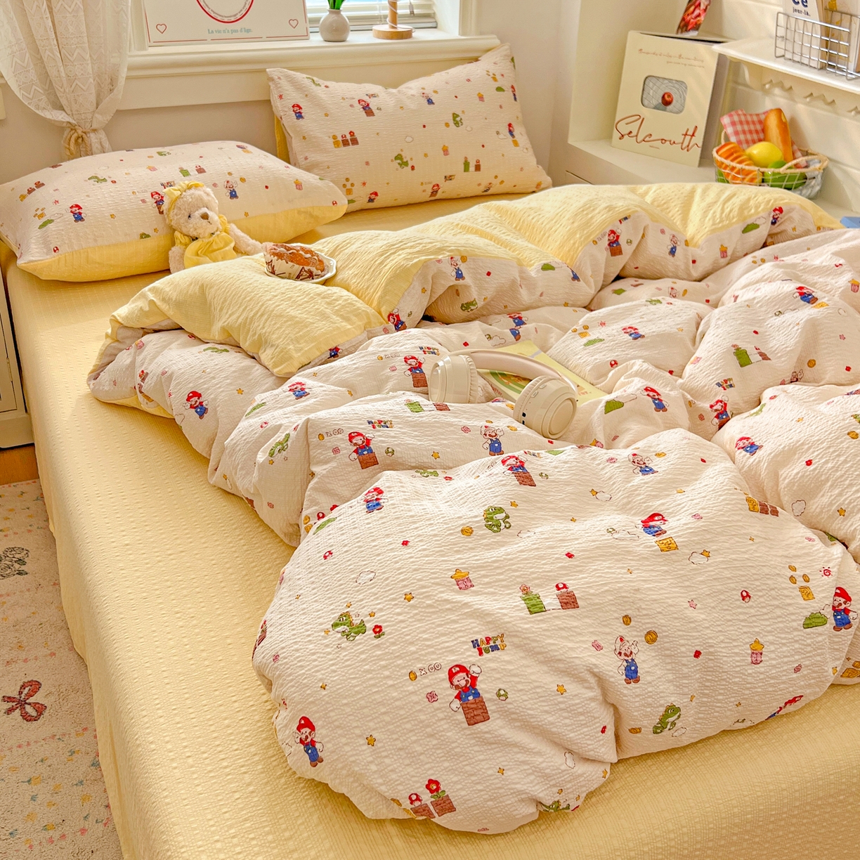 91家纺网 家纺一手货源 找家纺 暖伊家居 2026新款糖果小布袋泡芙纱四件套 马里奥