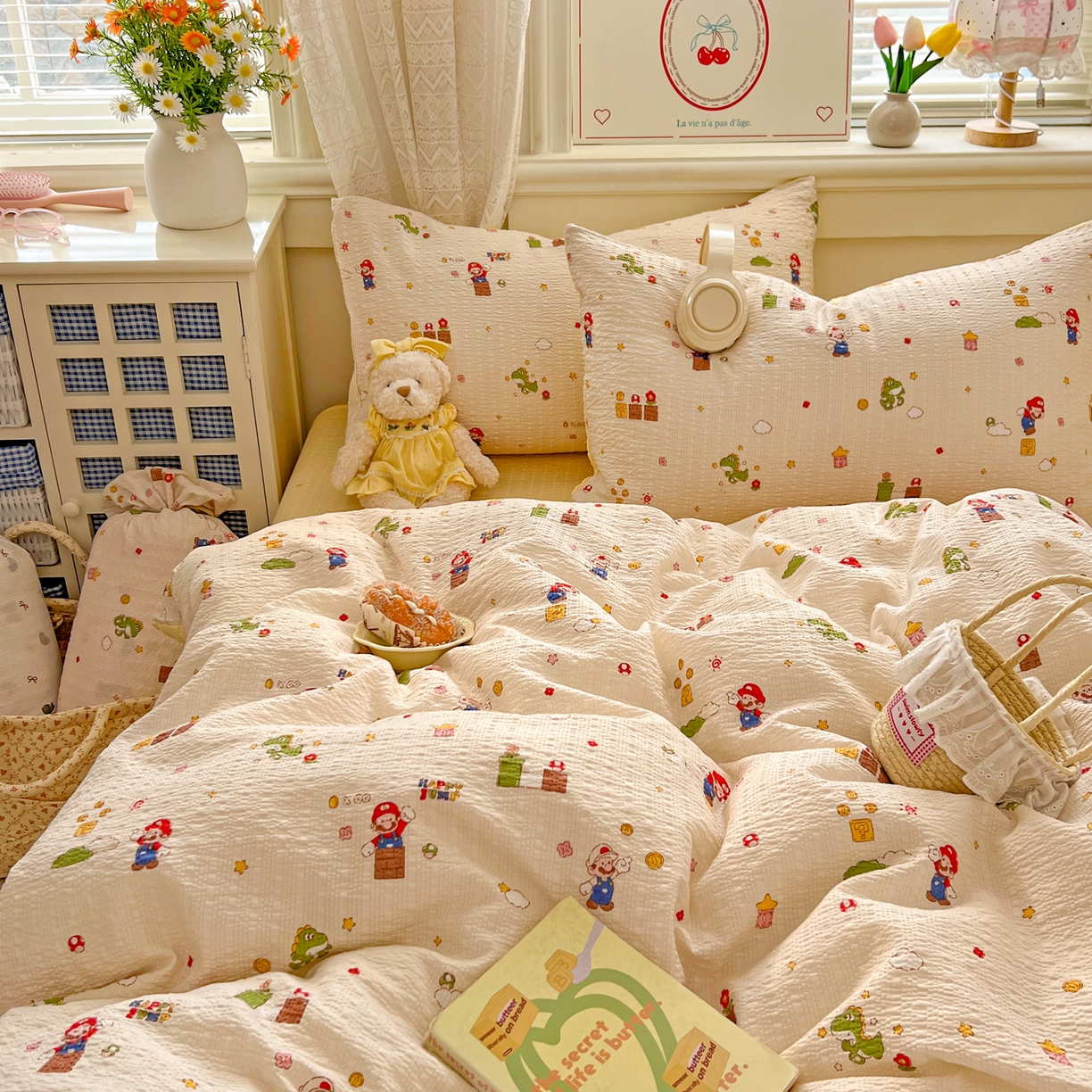 91家纺网 家纺一手货源 找家纺 暖伊家居 2026新款糖果小布袋泡芙纱四件套 马里奥