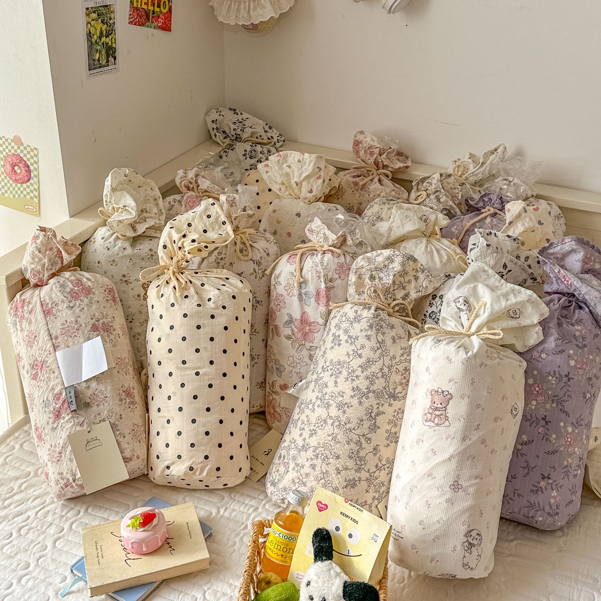 91家纺网 家纺一手货源 找家纺 暖伊家居 2026新款糖果小布袋泡芙纱四件套 组合图仅供展示