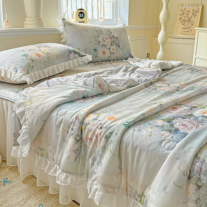 91家纺网 家纺一手货源 找家纺 栩裕纺织 2026新款（常年不断货）A类凉感丝床裙款凉席夏被四件套花边空调被三件套 探戈