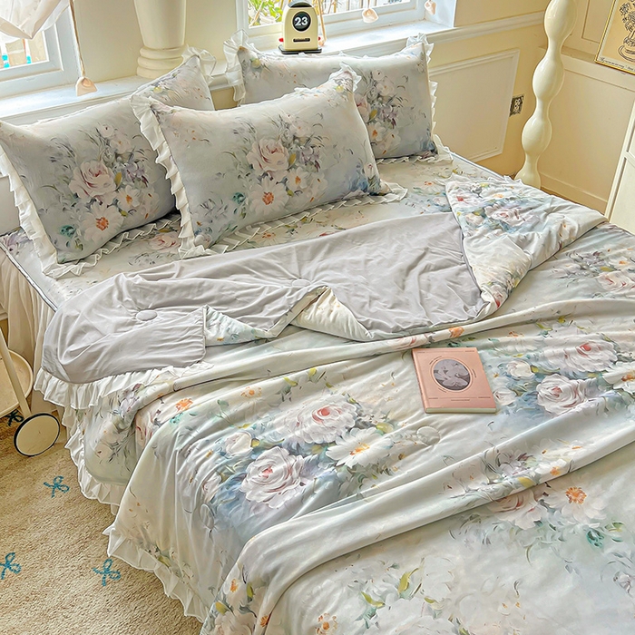 91家纺网 家纺一手货源 找家纺 栩裕纺织 2026新款（常年不断货）A类凉感丝床裙款凉席夏被四件套花边空调被三件套 探戈