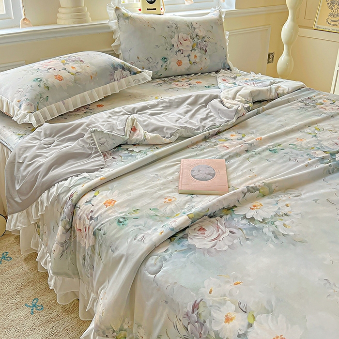 91家纺网 家纺一手货源 找家纺 栩裕纺织 2026新款（常年不断货）A类凉感丝床裙款凉席夏被四件套花边空调被三件套 探戈