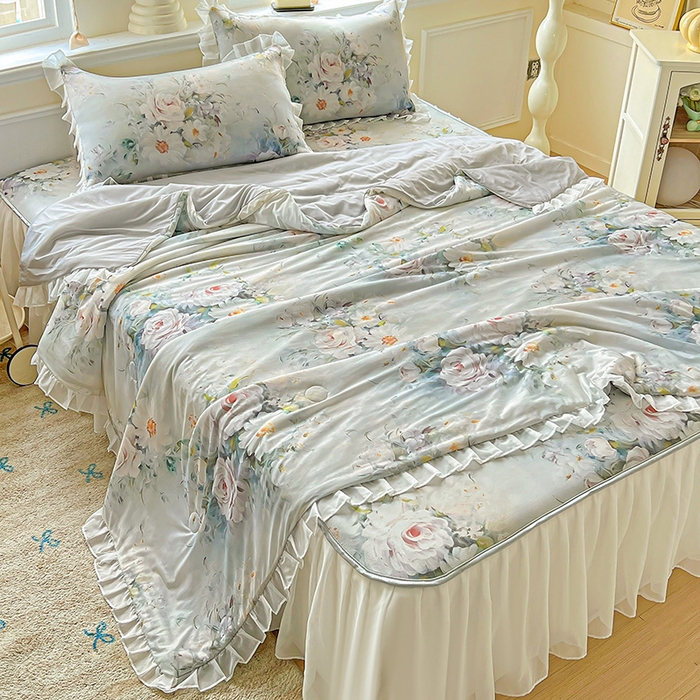 91家纺网 家纺一手货源 找家纺 栩裕纺织 2026新款（常年不断货）A类凉感丝床裙款凉席夏被四件套花边空调被三件套 探戈