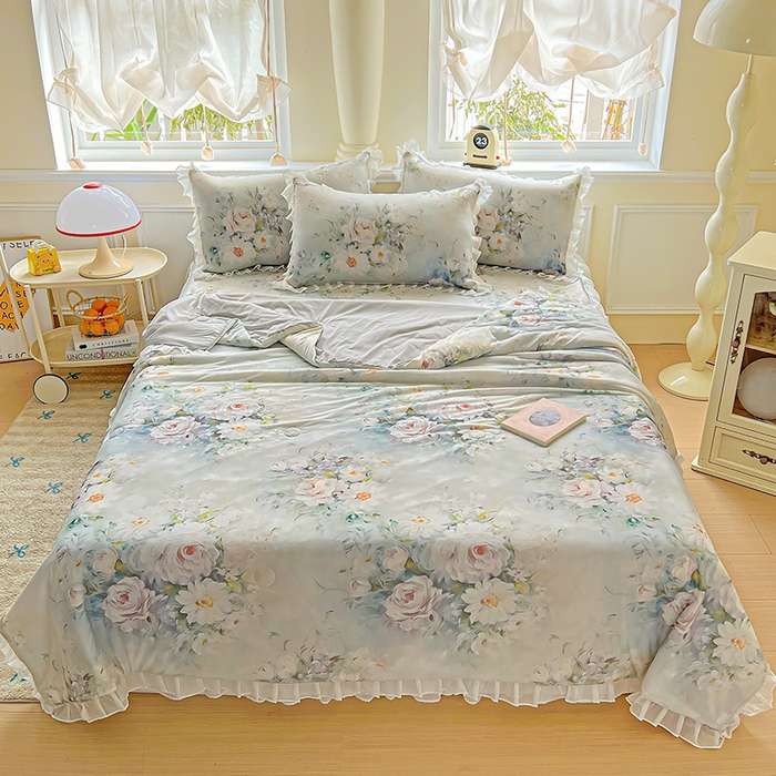 91家纺网 家纺一手货源 找家纺 栩裕纺织 2026新款（常年不断货）A类凉感丝床裙款凉席夏被四件套花边空调被三件套 探戈