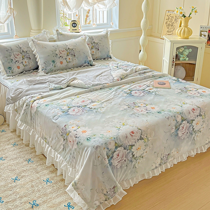 91家纺网 家纺一手货源 找家纺 栩裕纺织 2026新款（常年不断货）A类凉感丝床裙款凉席夏被四件套花边空调被三件套 探戈