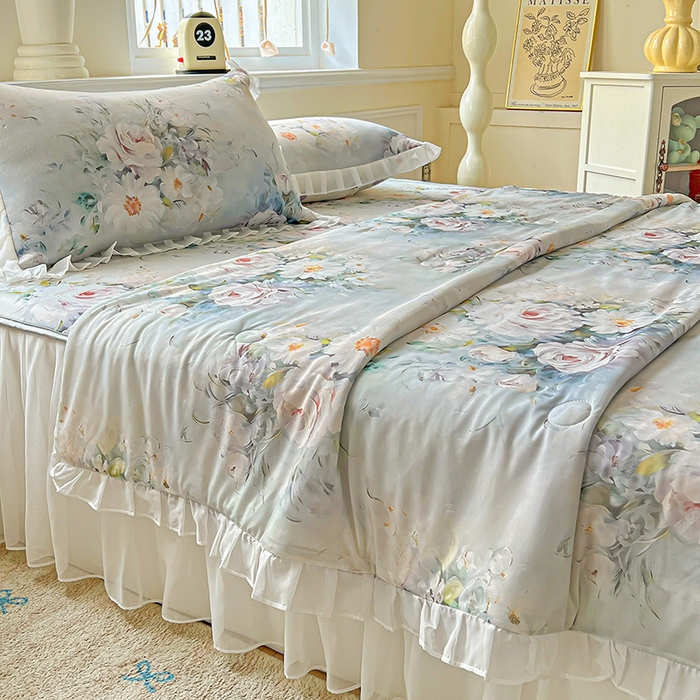 91家纺网 家纺一手货源 找家纺 栩裕纺织 2026新款（常年不断货）A类凉感丝床裙款凉席夏被四件套花边空调被三件套 探戈