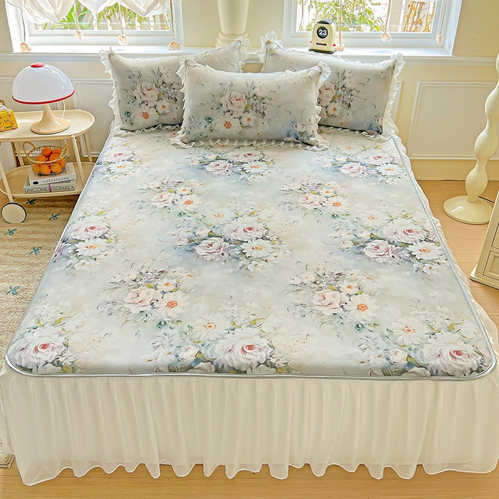 91家纺网 家纺一手货源 找家纺 栩裕纺织 2026新款（常年不断货）A类凉感丝床裙款凉席夏被四件套花边空调被三件套 探戈