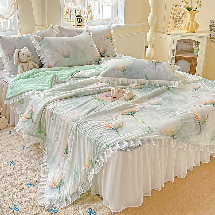 栩裕纺织 2026新款（常年不断货）A类凉感丝床裙款凉席夏被四件套花边空调被三件套 伊丽莎白