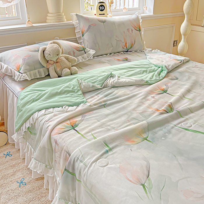 91家纺网 家纺一手货源 找家纺 栩裕纺织 2026新款（常年不断货）A类凉感丝床裙款凉席夏被四件套花边空调被三件套 伊丽莎白