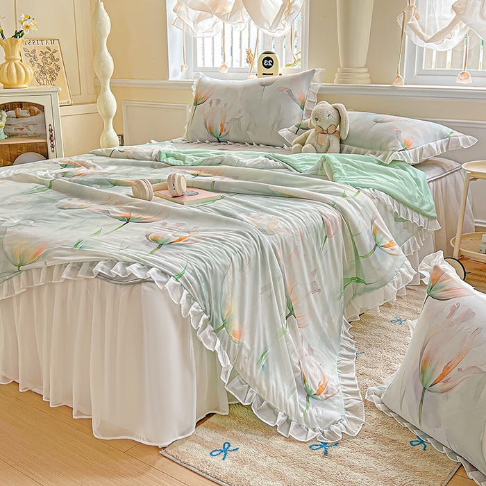 91家纺网 家纺一手货源 找家纺 栩裕纺织 2026新款（常年不断货）A类凉感丝床裙款凉席夏被四件套花边空调被三件套 伊丽莎白