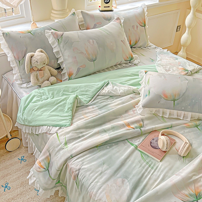 91家纺网 家纺一手货源 找家纺 栩裕纺织 2026新款（常年不断货）A类凉感丝床裙款凉席夏被四件套花边空调被三件套 伊丽莎白