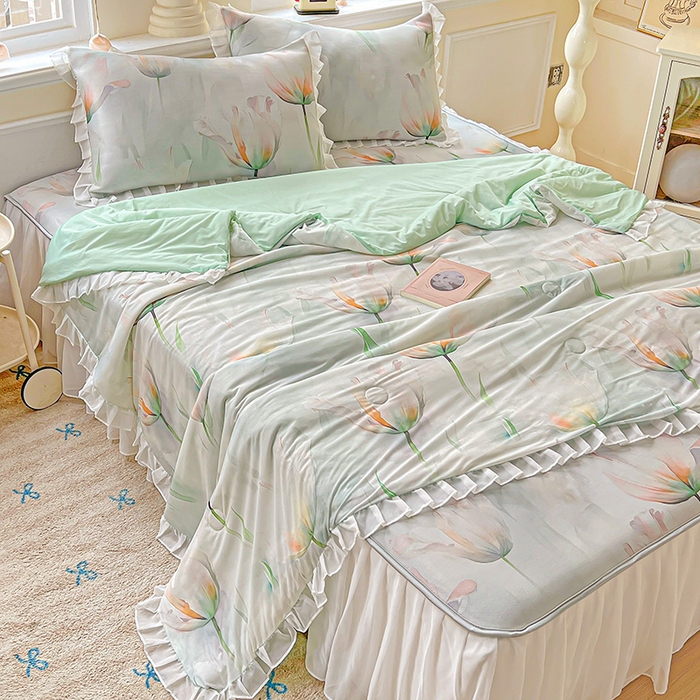 91家纺网 家纺一手货源 找家纺 栩裕纺织 2026新款（常年不断货）A类凉感丝床裙款凉席夏被四件套花边空调被三件套 伊丽莎白