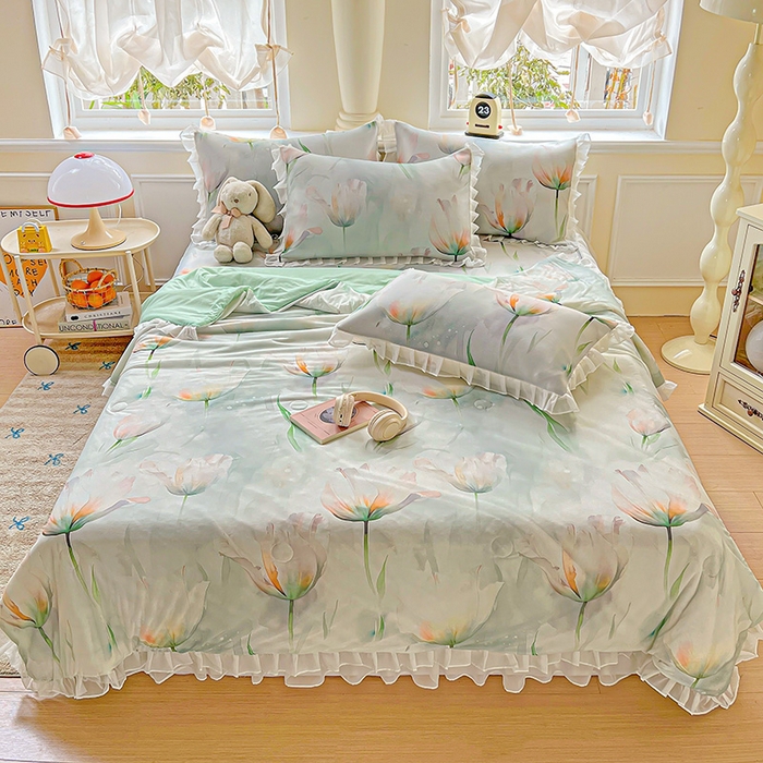 91家纺网 家纺一手货源 找家纺 栩裕纺织 2026新款（常年不断货）A类凉感丝床裙款凉席夏被四件套花边空调被三件套 伊丽莎白