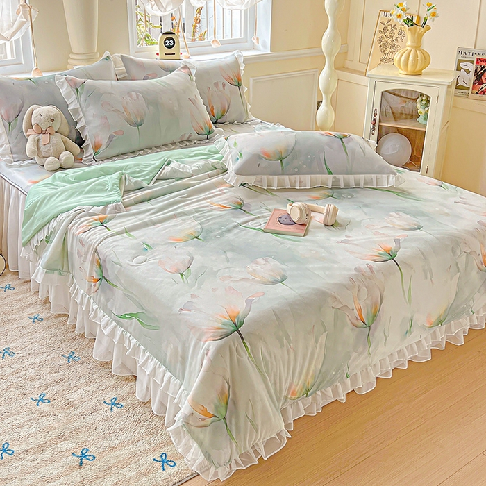 91家纺网 家纺一手货源 找家纺 栩裕纺织 2026新款（常年不断货）A类凉感丝床裙款凉席夏被四件套花边空调被三件套 伊丽莎白