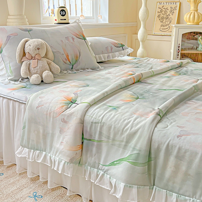 91家纺网 家纺一手货源 找家纺 栩裕纺织 2026新款（常年不断货）A类凉感丝床裙款凉席夏被四件套花边空调被三件套 伊丽莎白