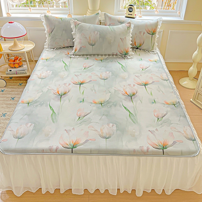 91家纺网 家纺一手货源 找家纺 栩裕纺织 2026新款（常年不断货）A类凉感丝床裙款凉席夏被四件套花边空调被三件套 伊丽莎白