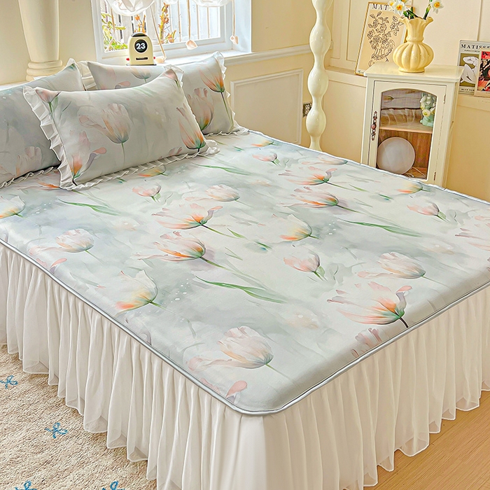 91家纺网 家纺一手货源 找家纺 栩裕纺织 2026新款（常年不断货）A类凉感丝床裙款凉席夏被四件套花边空调被三件套 伊丽莎白