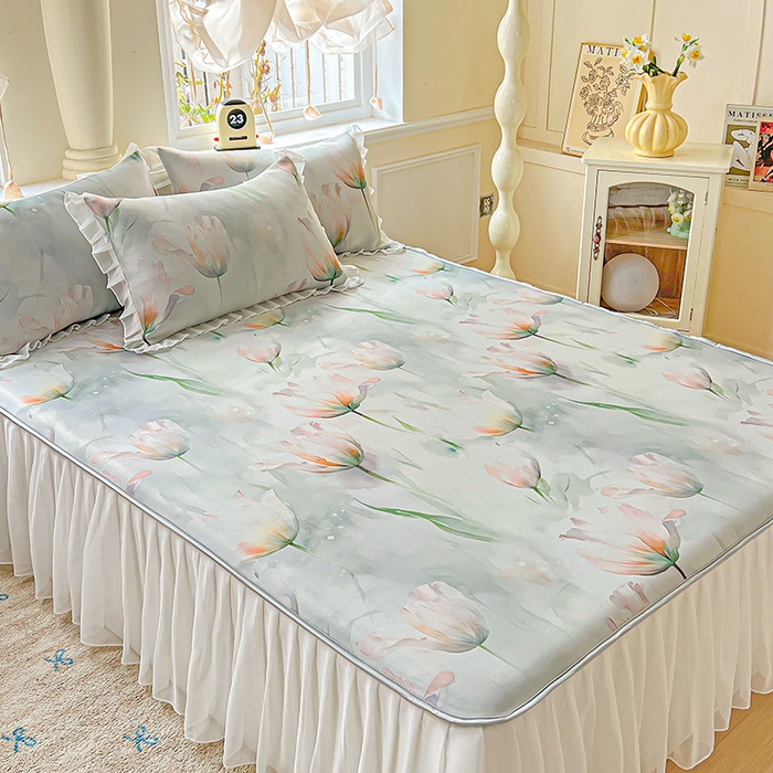 91家纺网 家纺一手货源 找家纺 栩裕纺织 2026新款（常年不断货）A类凉感丝床裙款凉席夏被四件套花边空调被三件套 伊丽莎白