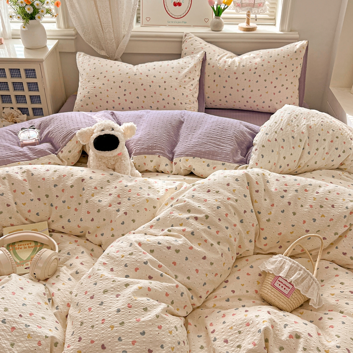 91家纺网 家纺一手货源 找家纺 暖伊家居 2026新款糖果小布袋泡芙纱四件套 彩色爱心