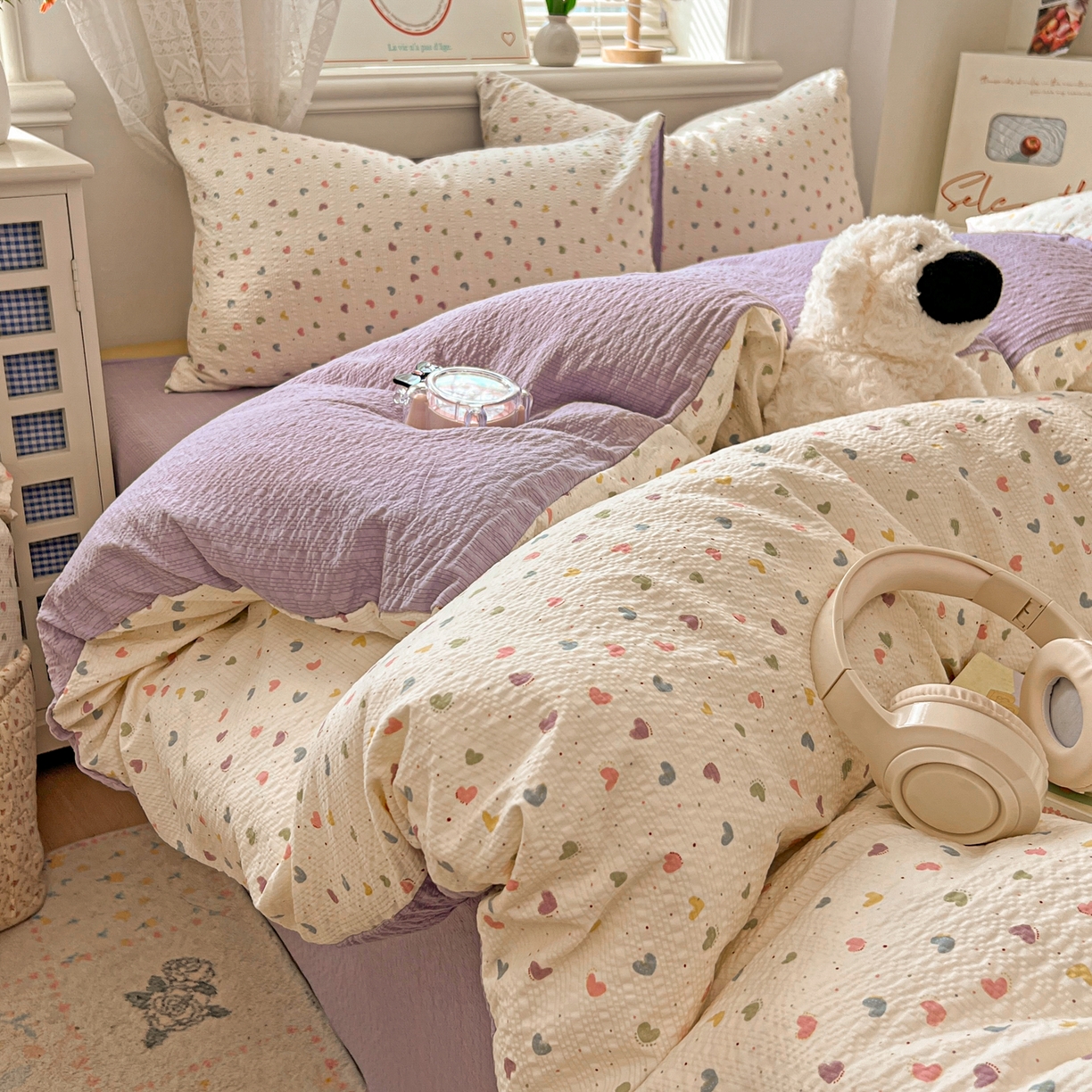 91家纺网 家纺一手货源 找家纺 暖伊家居 2026新款糖果小布袋泡芙纱四件套 彩色爱心