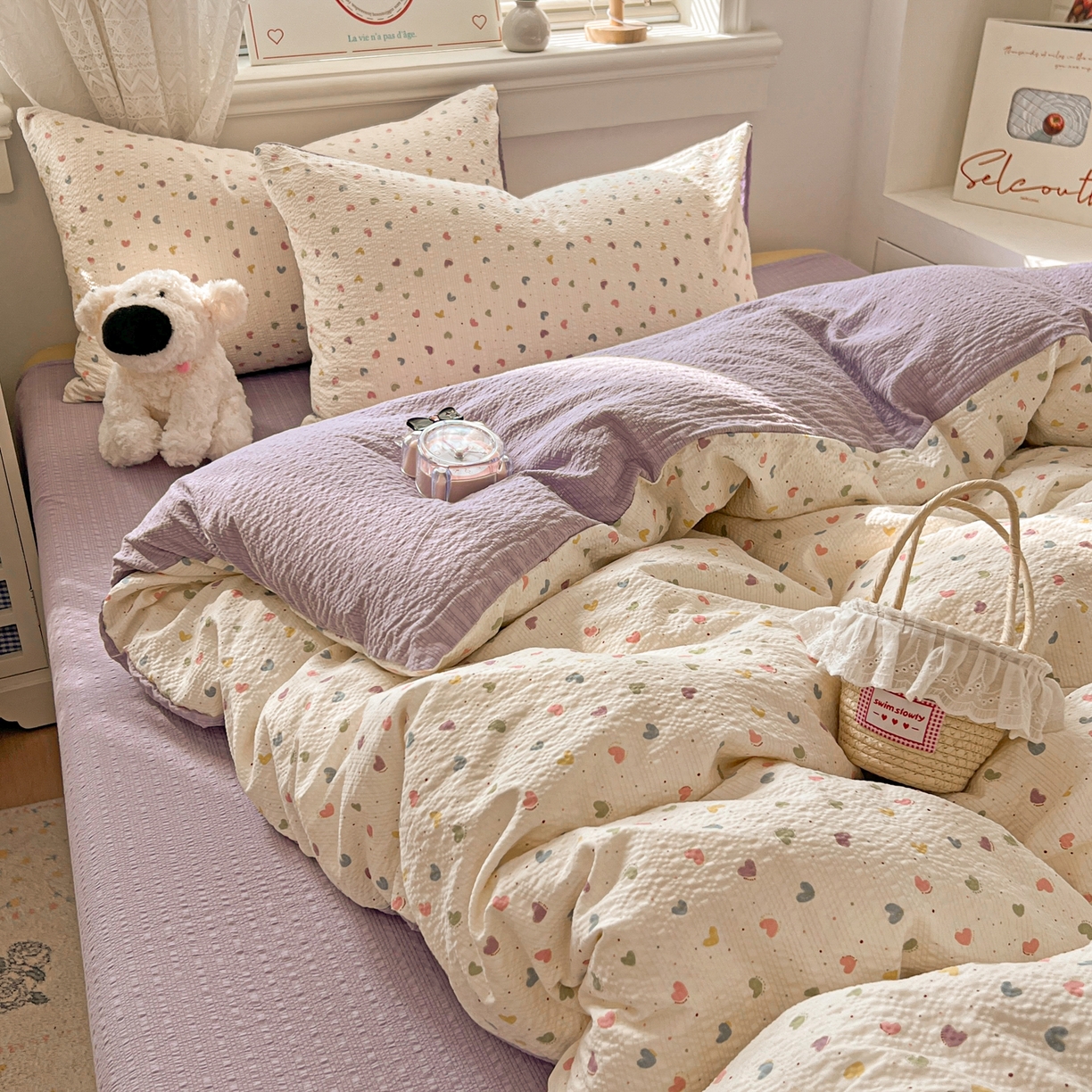 91家纺网 家纺一手货源 找家纺 暖伊家居 2026新款糖果小布袋泡芙纱四件套 彩色爱心