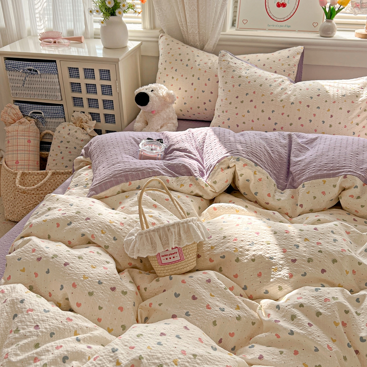 91家纺网 家纺一手货源 找家纺 暖伊家居 2026新款糖果小布袋泡芙纱四件套 彩色爱心