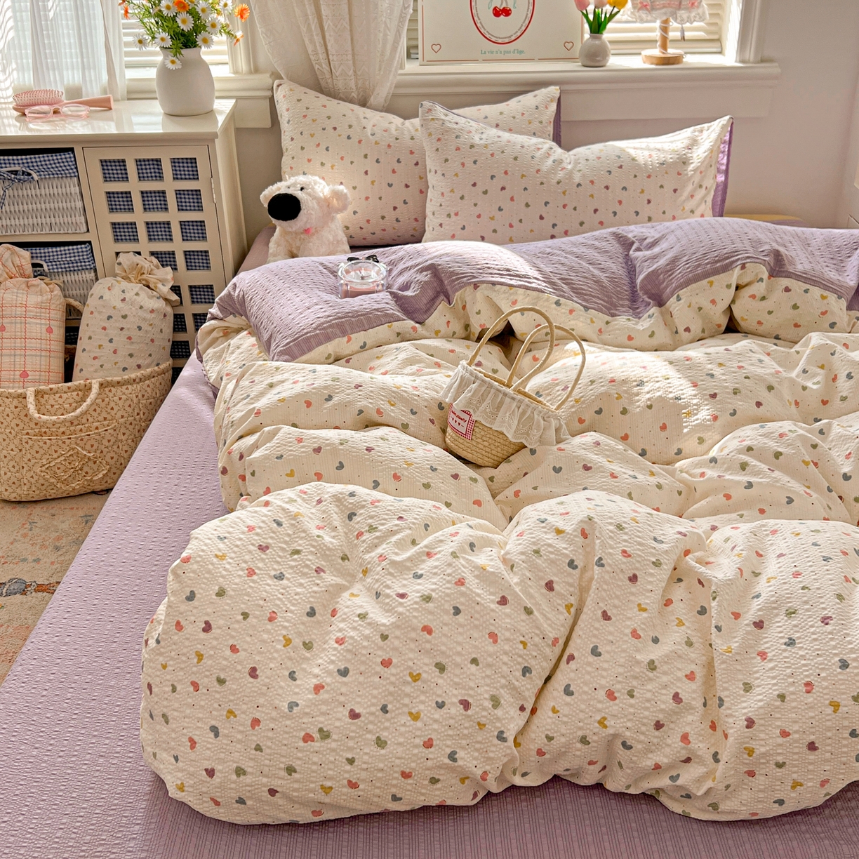 91家纺网 家纺一手货源 找家纺 暖伊家居 2026新款糖果小布袋泡芙纱四件套 彩色爱心