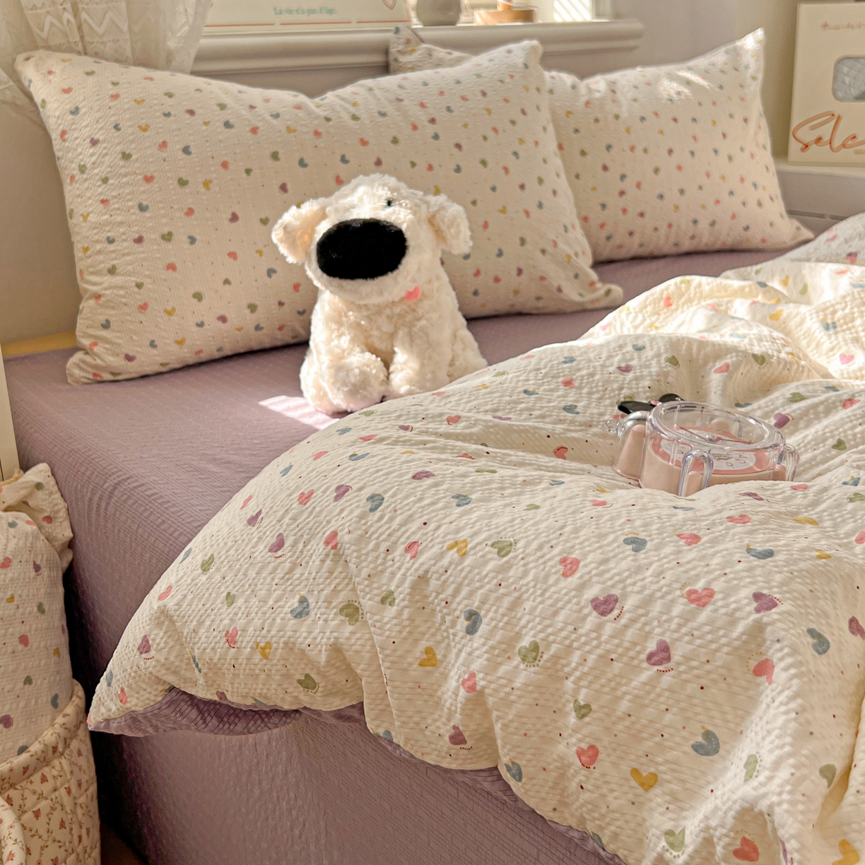 91家纺网 家纺一手货源 找家纺 暖伊家居 2026新款糖果小布袋泡芙纱四件套 彩色爱心
