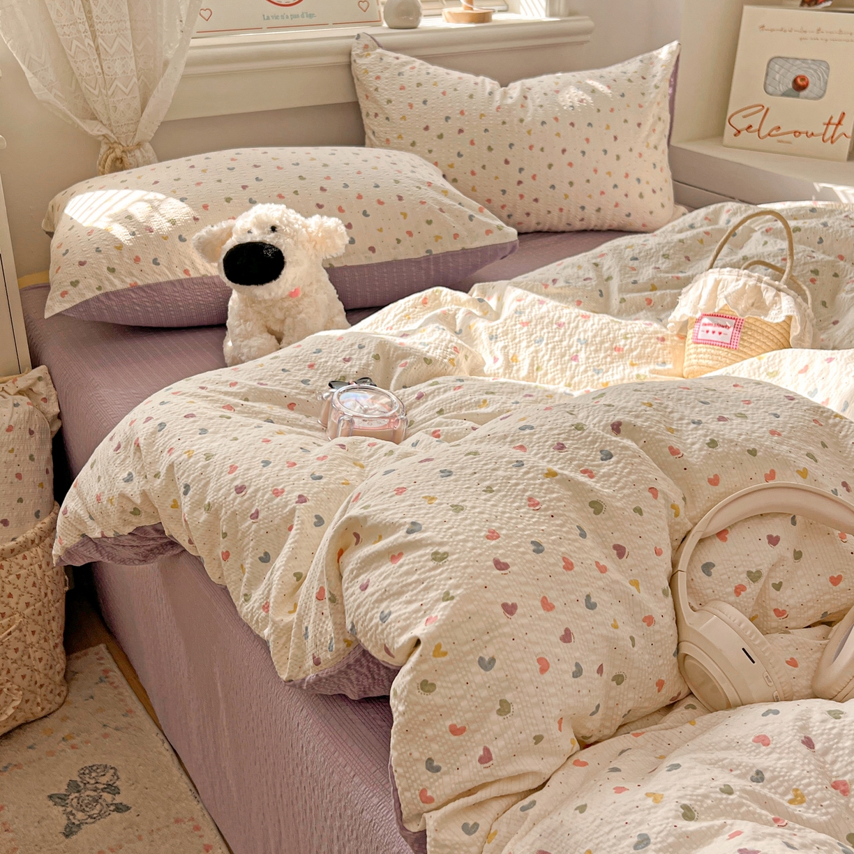 91家纺网 家纺一手货源 找家纺 暖伊家居 2026新款糖果小布袋泡芙纱四件套 彩色爱心