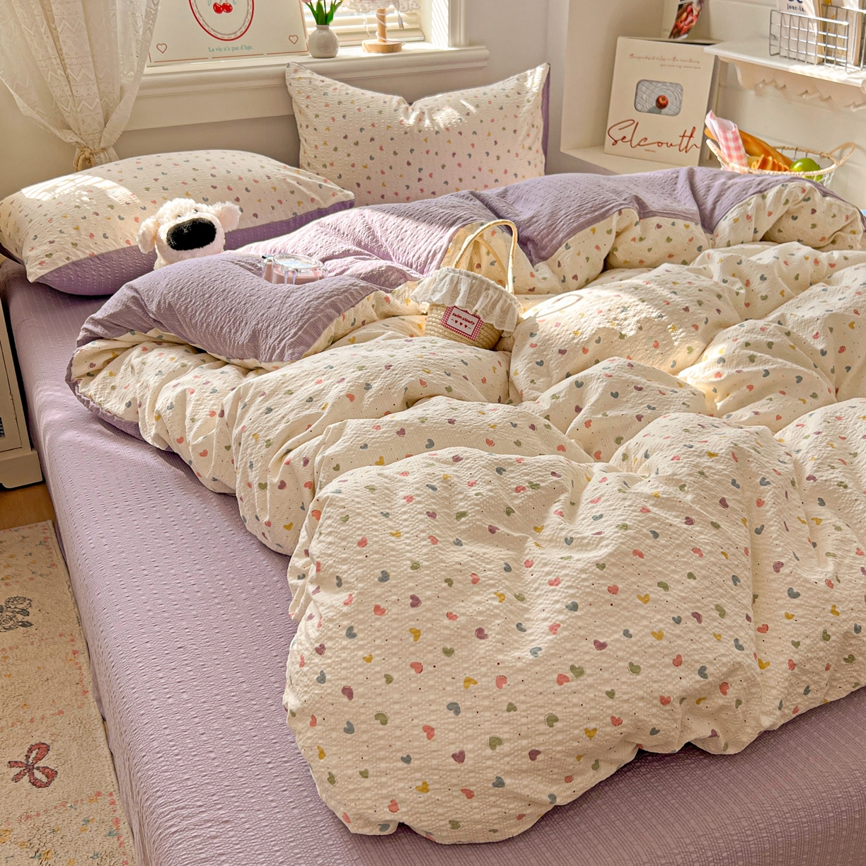 91家纺网 家纺一手货源 找家纺 暖伊家居 2026新款糖果小布袋泡芙纱四件套 彩色爱心