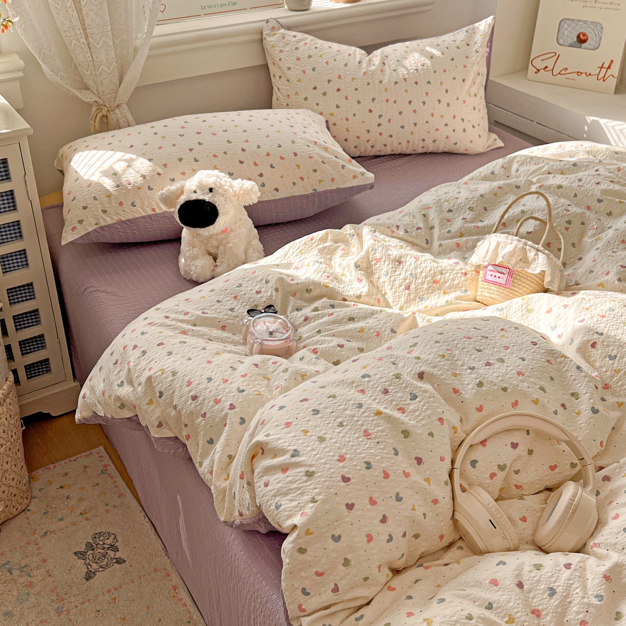 91家纺网 家纺一手货源 找家纺 暖伊家居 2026新款糖果小布袋泡芙纱四件套 彩色爱心