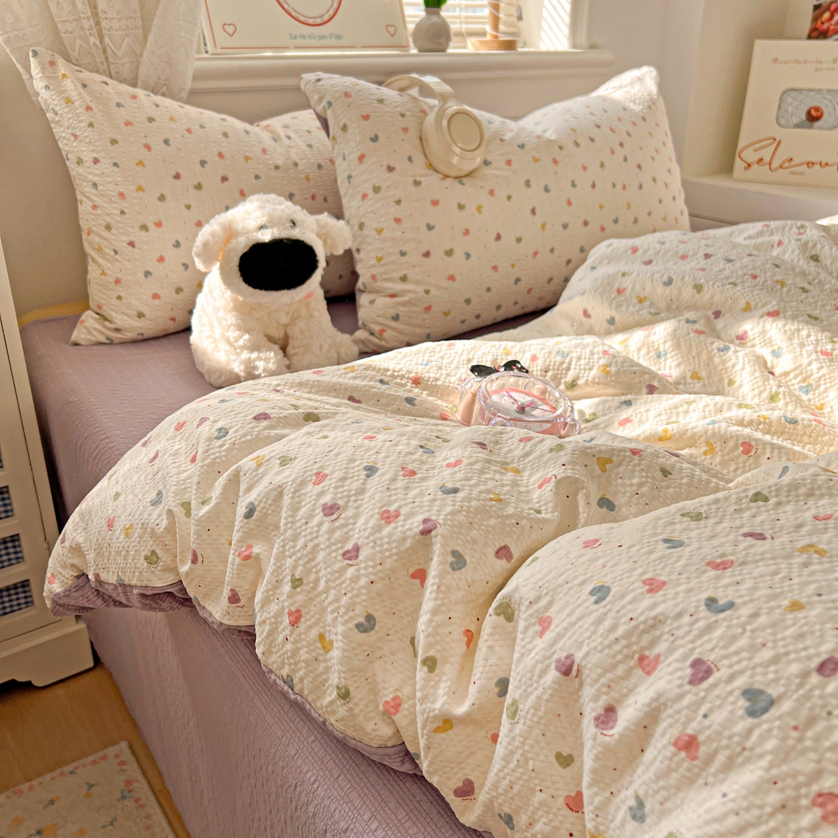 91家纺网 家纺一手货源 找家纺 暖伊家居 2026新款糖果小布袋泡芙纱四件套 彩色爱心