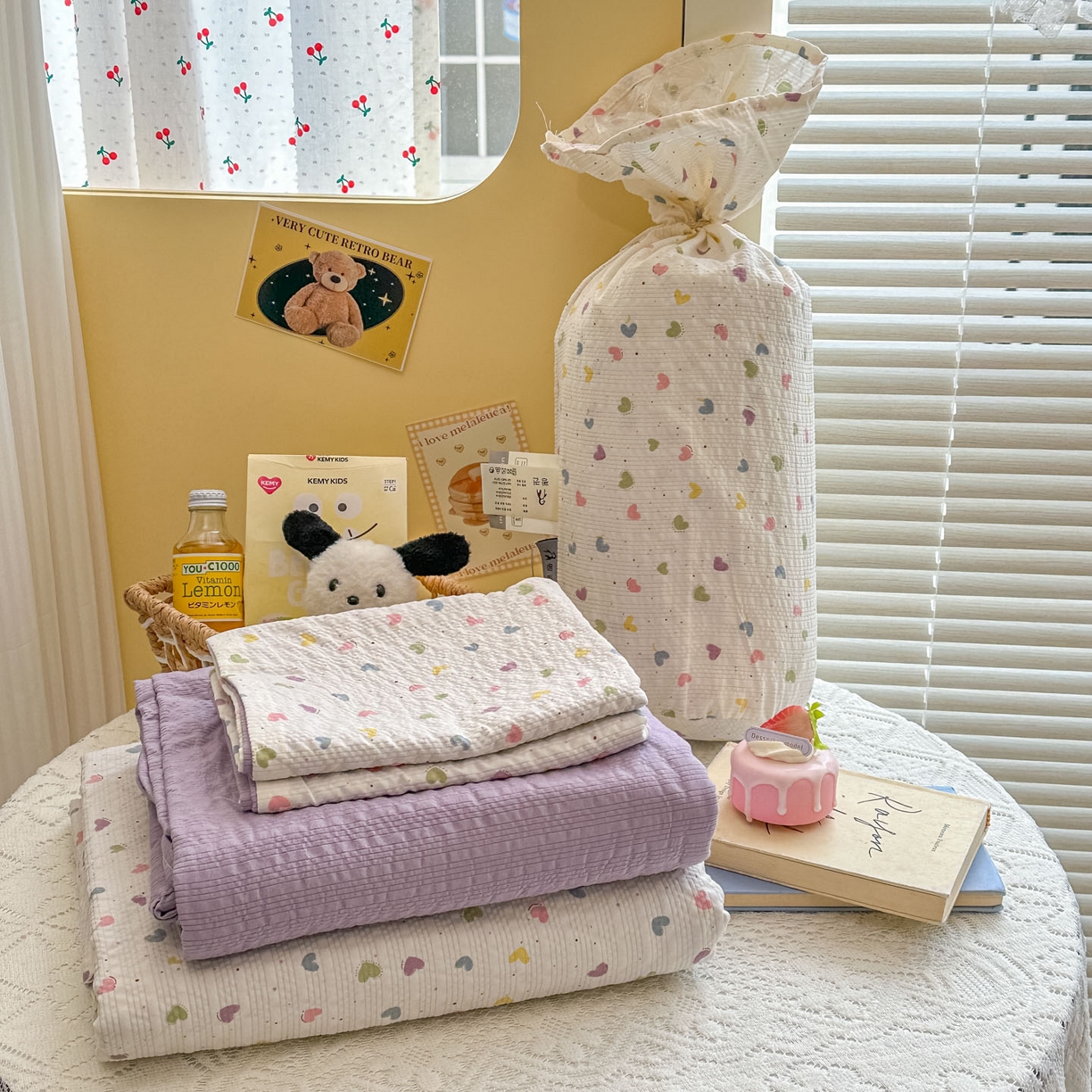 暖伊家居 2026新款糖果小布袋泡芙纱四件套 彩色爱心