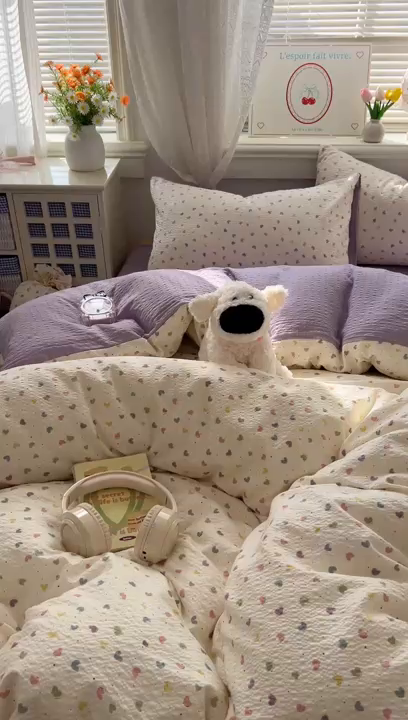 91家纺网 家纺一手货源 找家纺 暖伊家居 2026新款糖果小布袋泡芙纱四件套 彩色爱心