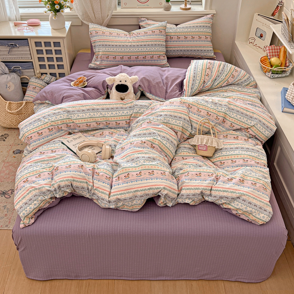 91家纺网 家纺一手货源 找家纺 暖伊家居 2026新款糖果小布袋泡芙纱四件套 费尔岛