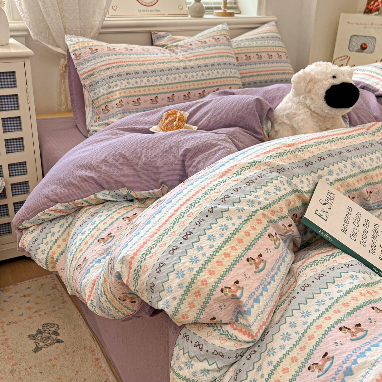 91家纺网 家纺一手货源 找家纺 暖伊家居 2026新款糖果小布袋泡芙纱四件套 费尔岛