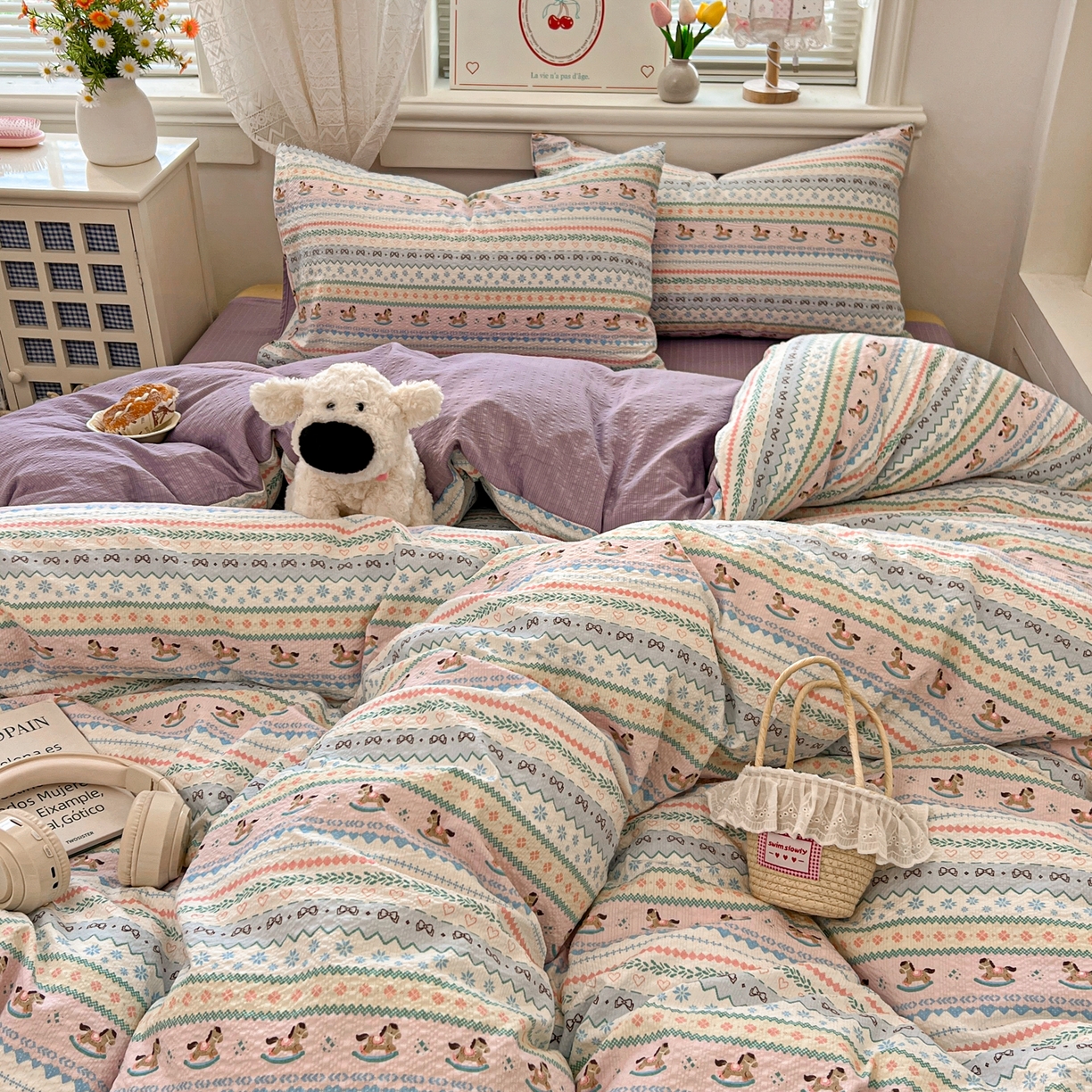 91家纺网 家纺一手货源 找家纺 暖伊家居 2026新款糖果小布袋泡芙纱四件套 费尔岛