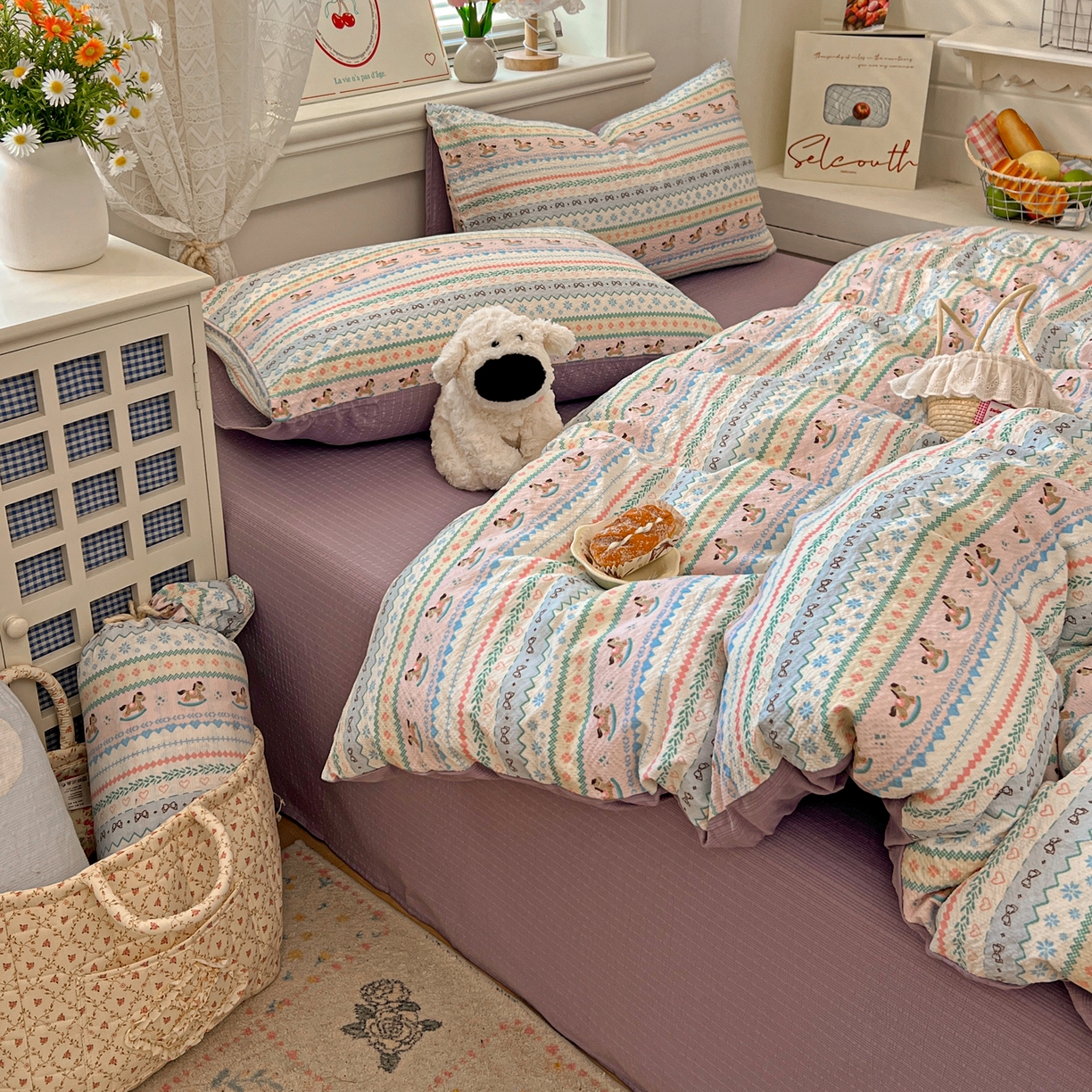 91家纺网 家纺一手货源 找家纺 暖伊家居 2026新款糖果小布袋泡芙纱四件套 费尔岛